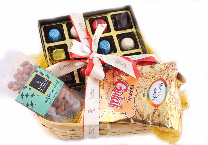 Holi in a basket with chocolates, Herbal gulaal color each and dry fruits