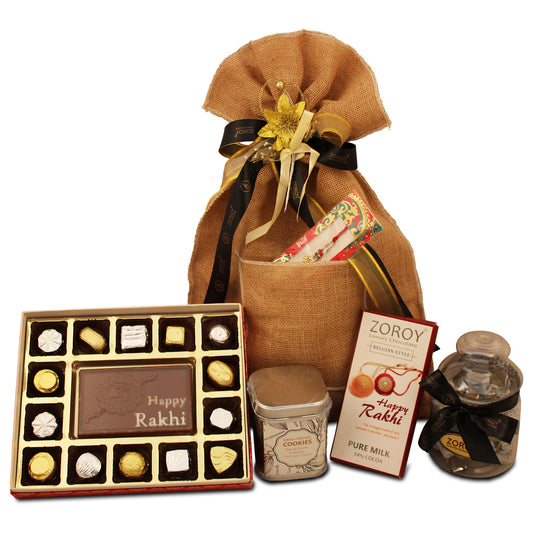 ZOROY Luxury Chocolate Rakhi Hamper for Brother Sister | Jute bag with chocolates | Dry fruits | Cookies | Rakhi chocolate | Rakhi set for Bhaiya Bhabhi | Rakhi gift combo | Rakshabandhan gift for sister | 525 Gms
