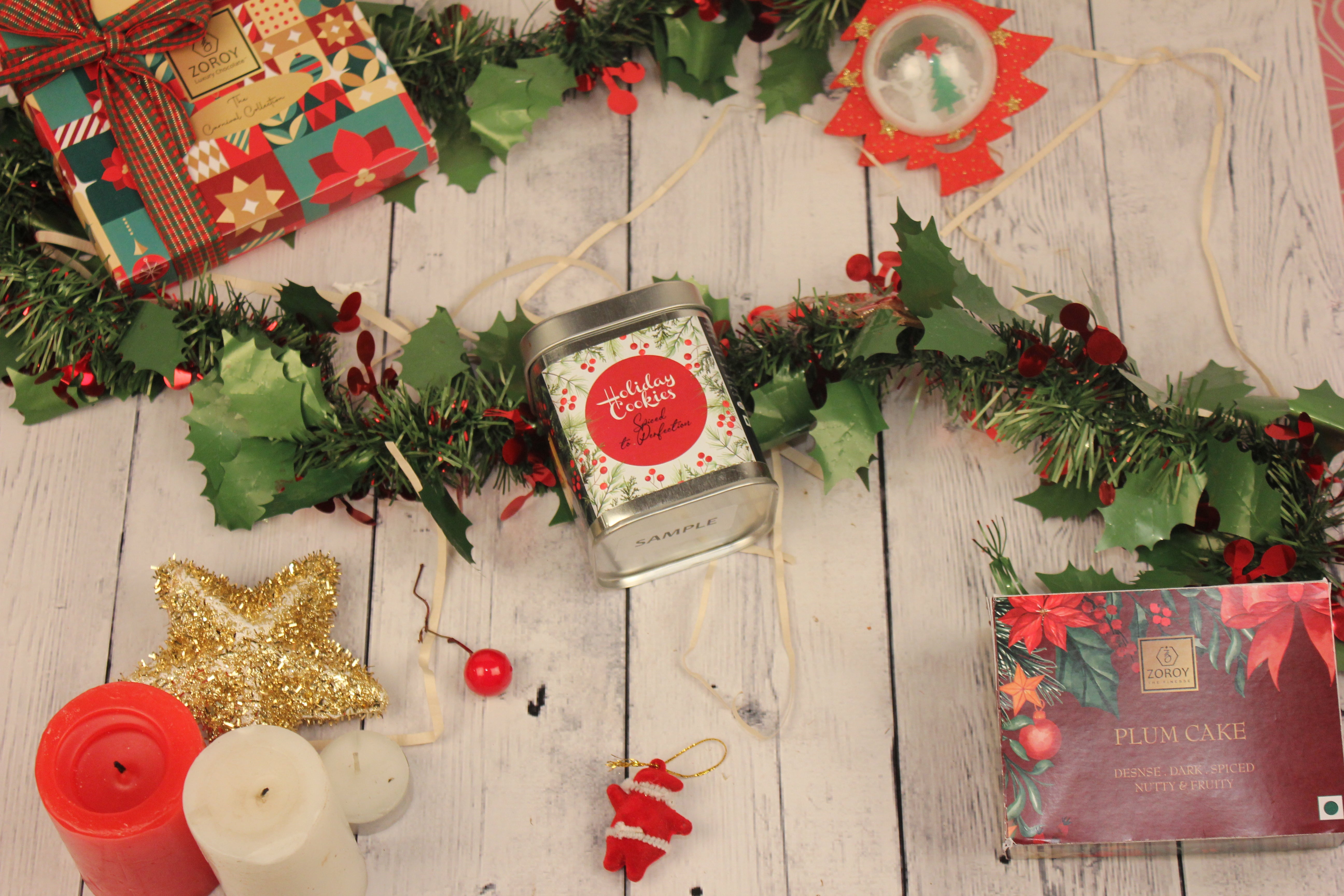 ZOROY Luxury Chocolate Seasons greeting Hamper | Christmas special box of 9 chocolates | Belgian style chocolate coated nuts 100G | handmade gourmet cookies 100G | 75G rich eggless dense plum cake