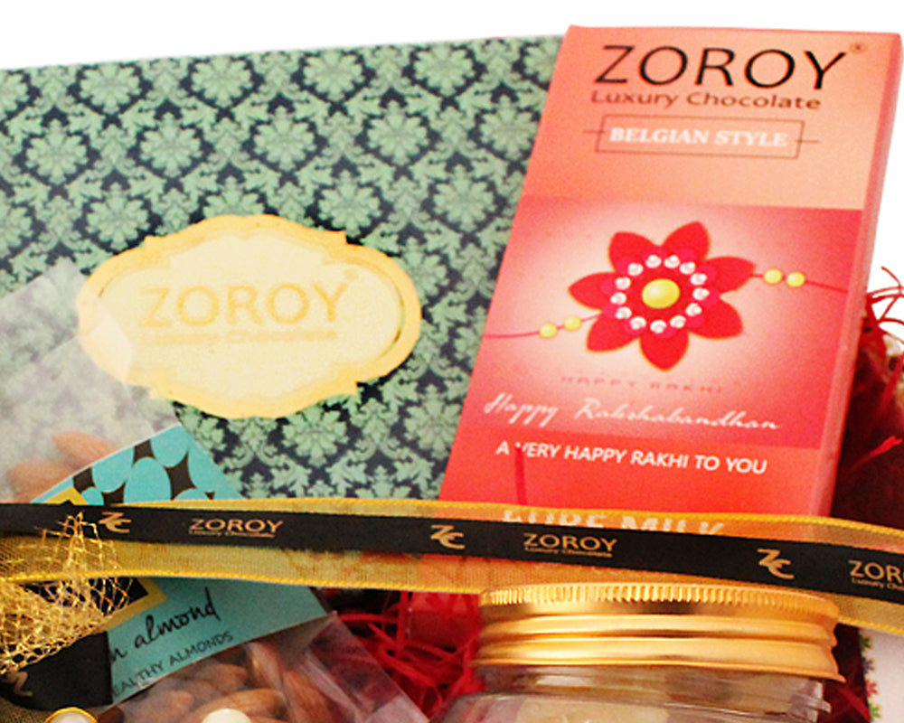 ZOROY Luxury Chocolate Rakhi Hamper for Brother Sister | Rakhi set with dry fruits | Happy Rakhi chocolate | Assorted chocolates | Dried fruits | Rakhi gift combo | Rakshabandhan gift | Complimentary Rakhi | 420 Grams