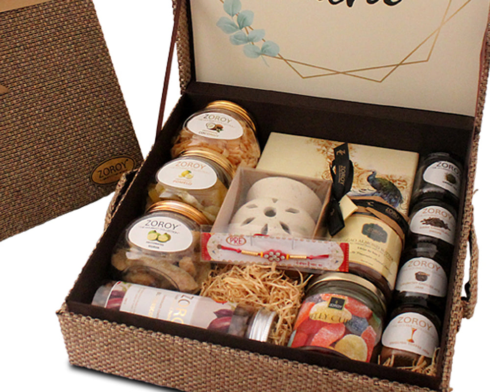 ZOROY Luxury Chocolate Rakhi Hamper for Brother Sister | Jute Box Rakhi set with dry fruits |Rakhi chocolate | Rakhi set for Bhaiya Bhabhi | Dried fruits | Rakhi gift combo | Rakshabandhan gift |