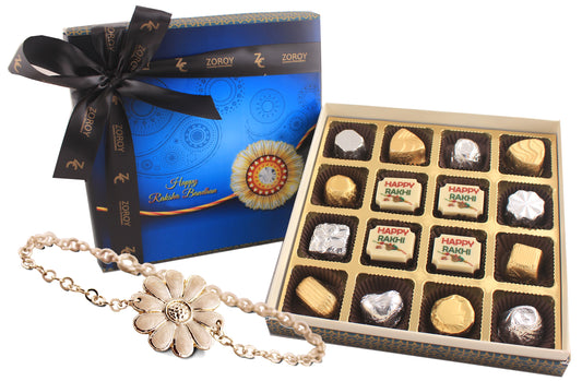 ZOROY Rakshabandhan Gift Box of Happy Rakhi Milk & white chocolates with Silver Plated bracelet style Rakhi