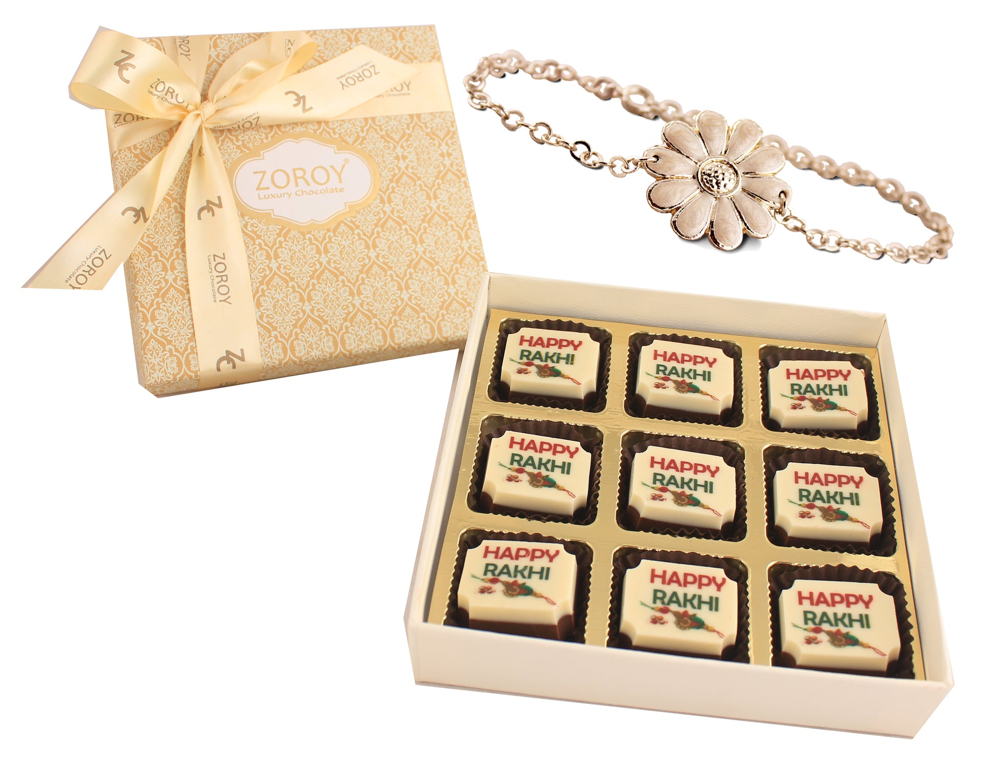 ZOROY Rakshabandhan Gift box of 9 Happy Rakhi milk & white chocolate with Silver plated bracelet style Rakhi