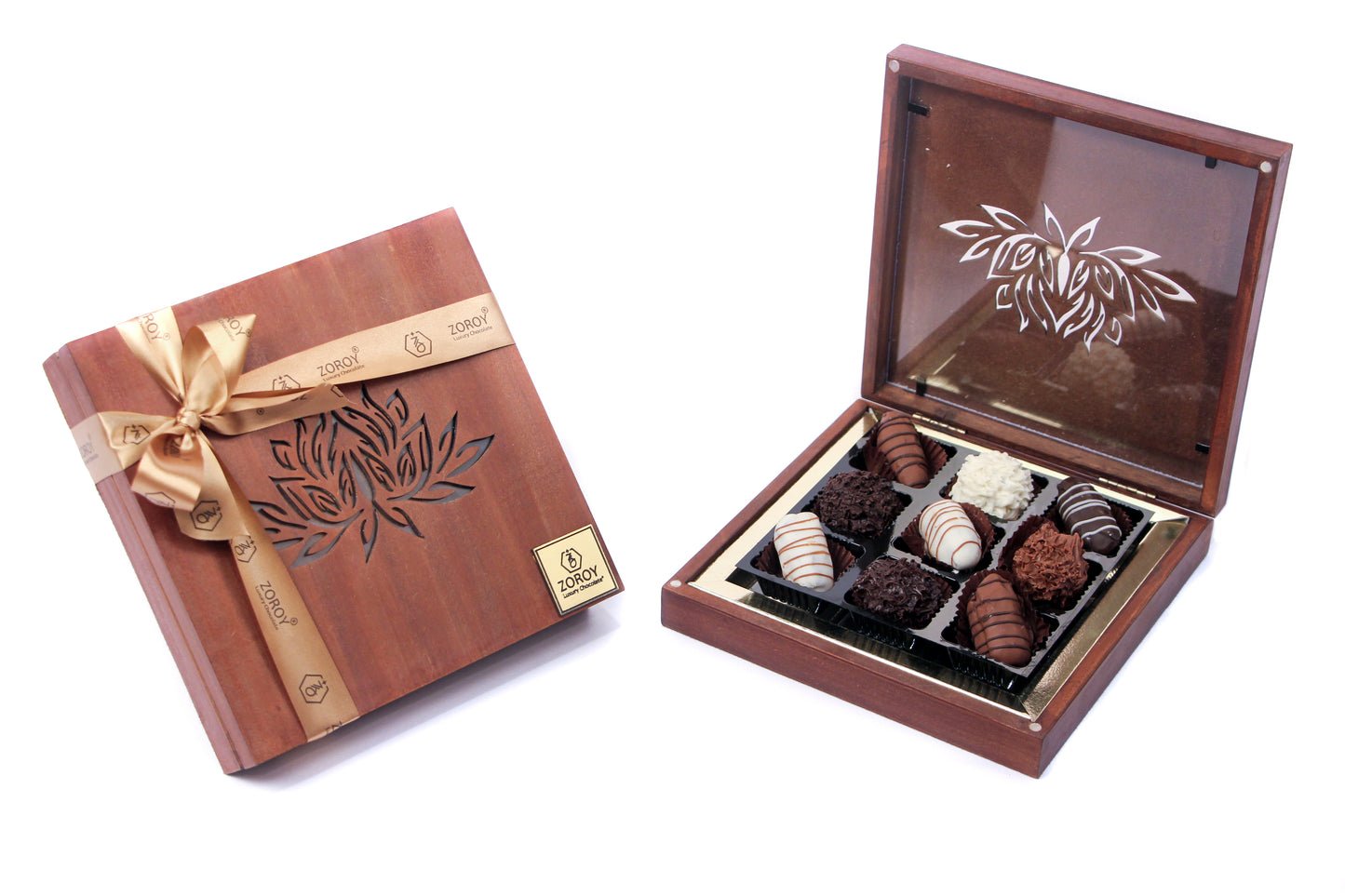 ZOROY EID & Ramadan Lotus Wood box with 9 Dates and Dry Fruit truffle chocolates Gift Box - 135 Gms