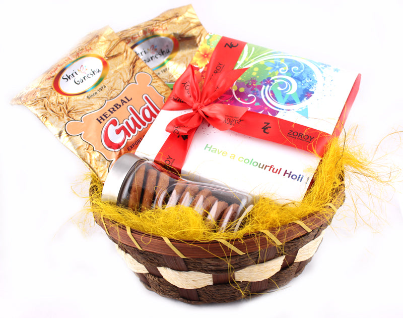 ZOROY Superb Holi basket with chocolates, cookies & Herbal gulaal colour