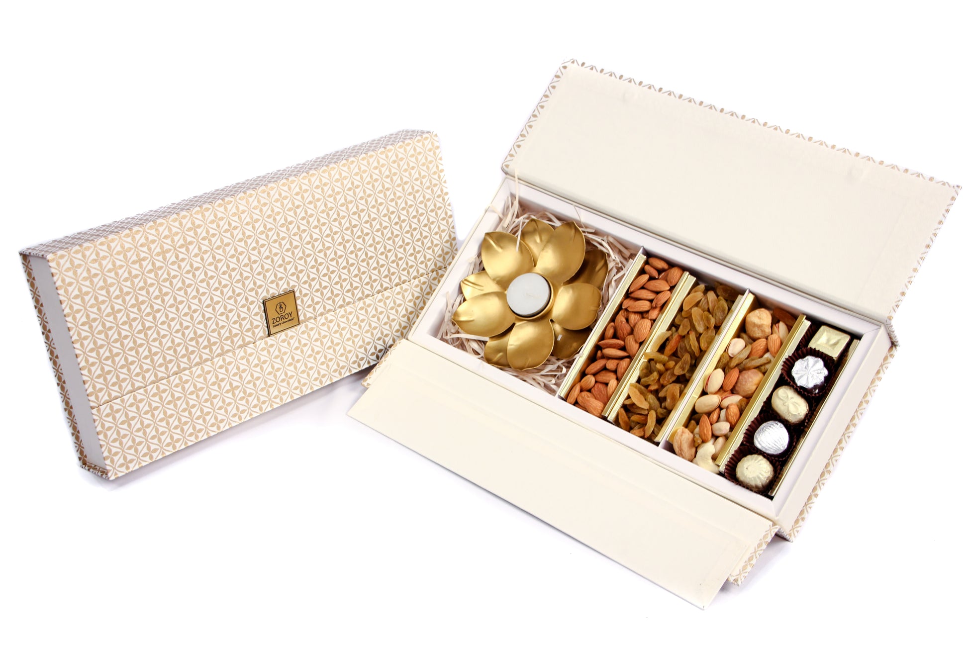 The Festive hamper combo box of chocolates, t lite holder and dry fruits