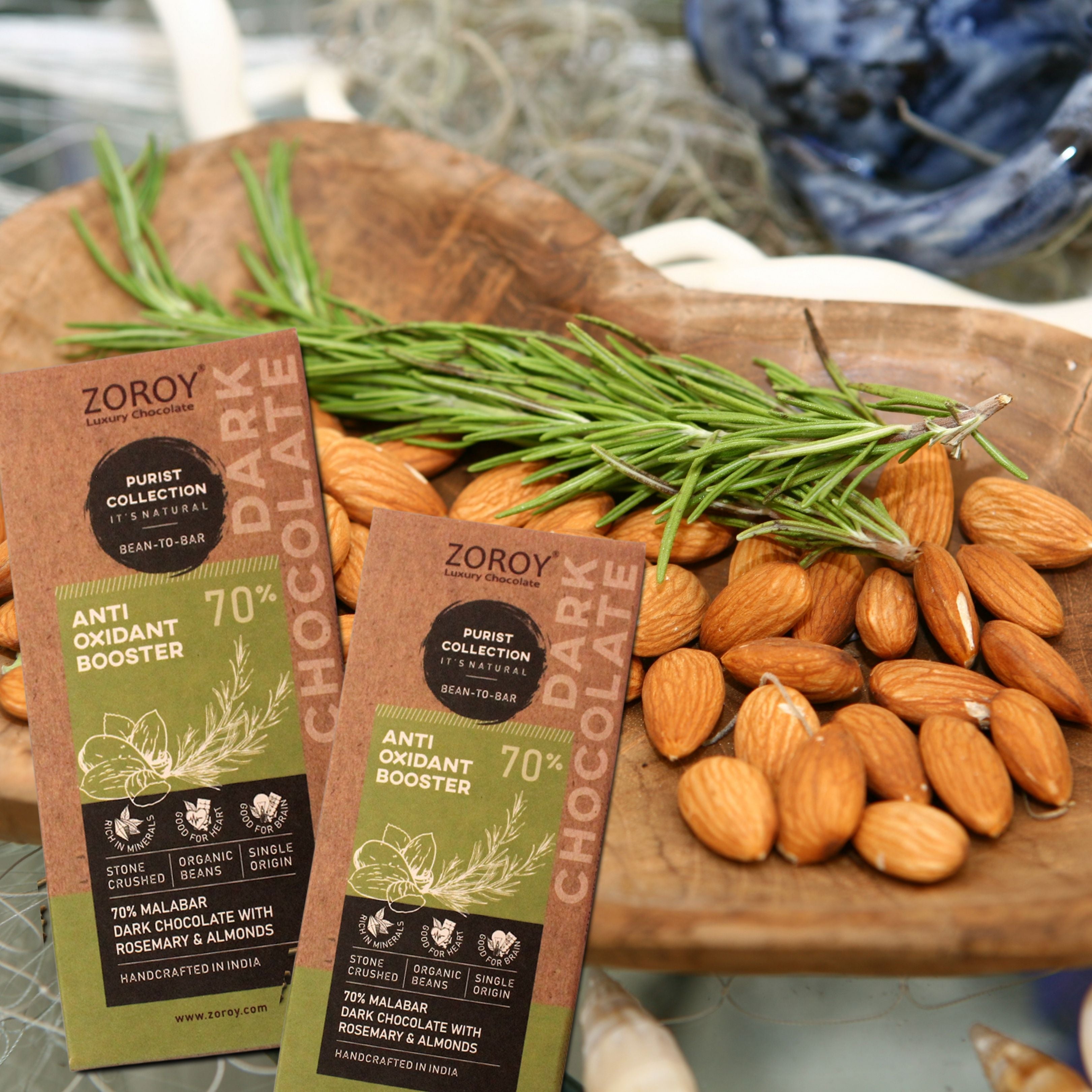 ZOROY Purist Collection, Set of 2 70% Organic Dark chocolate, Anti Oxidant Booster bar with Almonds and Rosemary - 116gms