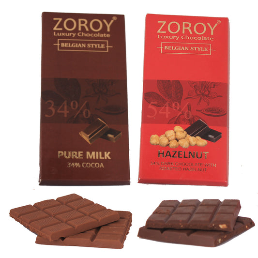 ZOROY LUXURY CHOCOLATE 100% Couverture Milk chocolate bar | Pure Dark chocolate Hazelnut bar Signature Belgian style chocolate | Pure cocoa Butter Chocolates | Set of 2 | 100 grams each