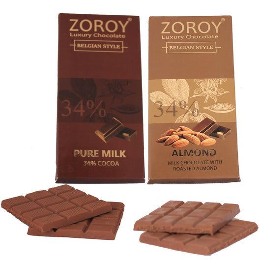 ZOROY LUXURY CHOCOLATE 100% Couverture Milk chocolate Almond bar | Pure Milk chocolate bar| Signature Belgian style chocolate |Cocoa Butter Chocolates | Cooking chocolate | Set of 2 | 100 grams each