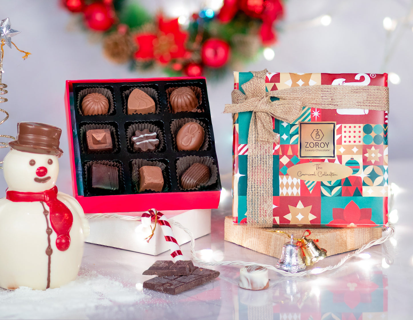 ZOROY Luxury Chocolate Bell Hamper For Christmas Corporate Birthday Weeding essentials | Belgian style chocolate | Organic Honey | Plum Cake | Coated nuts | drinking chocolate