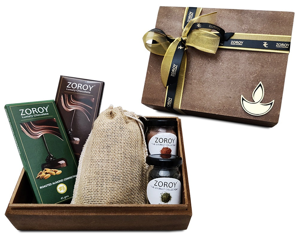 ZOROY Burnt wood box hamper with chocolates, dry fruits and assorted goodies