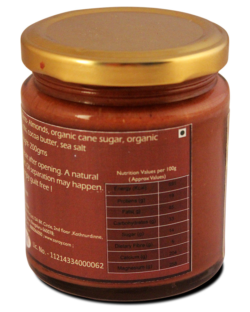 ZOROY THE FINESSE Natural creamy Chocolate Almond butter | Organic sugar | organic cacao bean | High Protein | Healthy chocolate spread | Gluten Free | No preservatives | No emulsifier | 200 grams