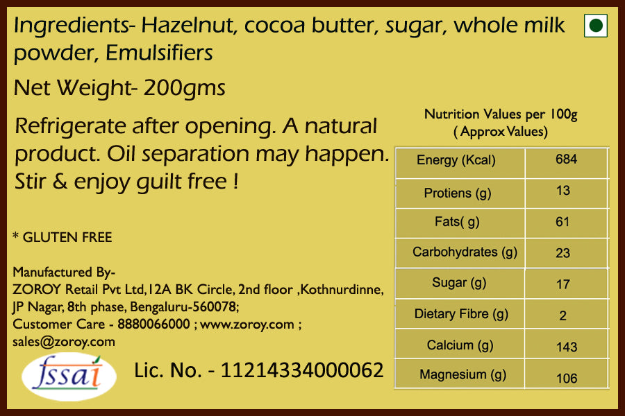 ZOROY THE FINESSE Chocolate Hazelnut butter | Gourmet nut butter | Creamy Hazelnut spread | Healthy chocolate spread | Gluten Free | 200 grams