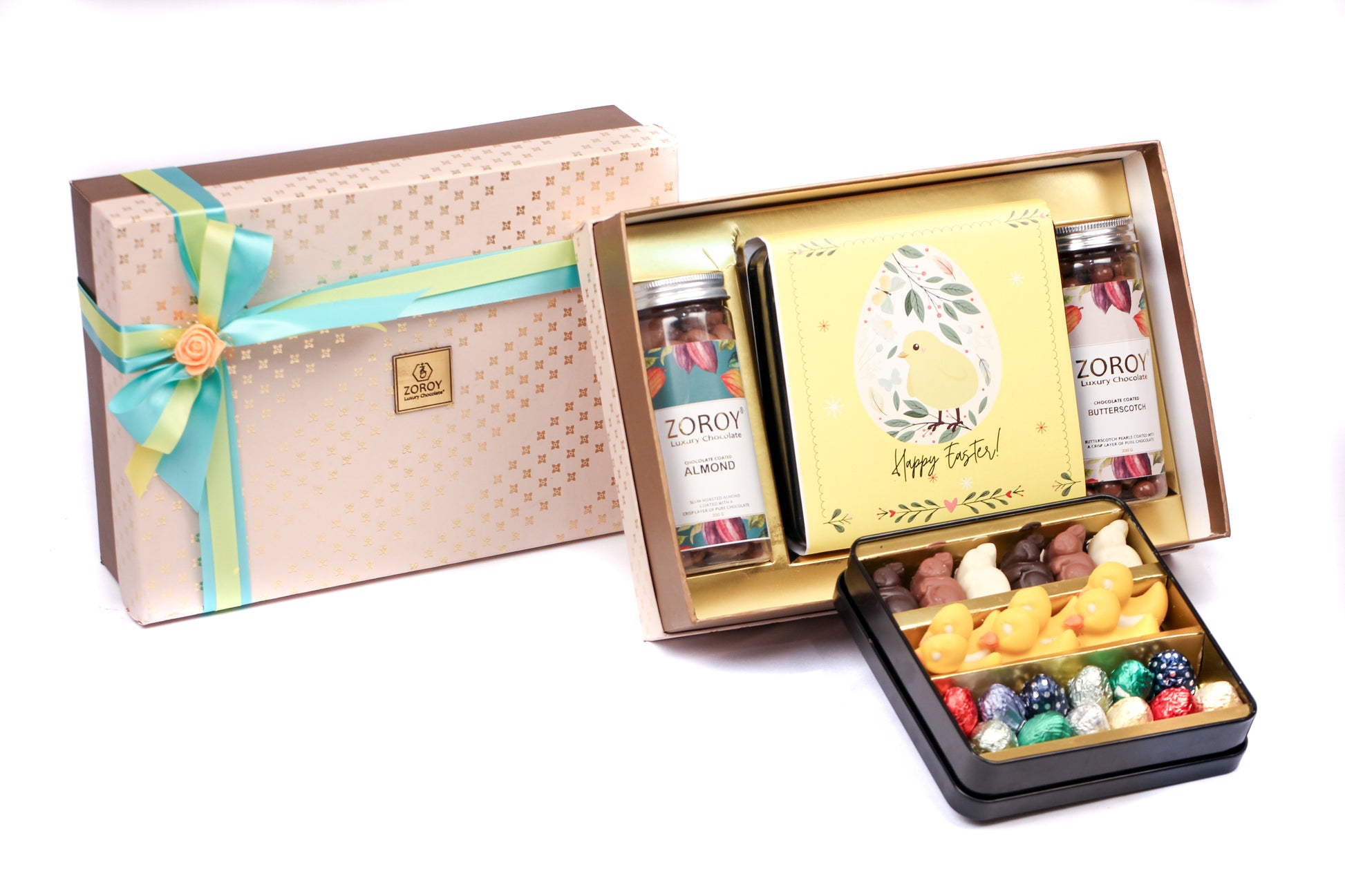 ZOROY Easter Spring Hamper with Assorted Egg's Ducks Bunnies, & Chocolate Coated Dry Fruits Nuts Gift Combo