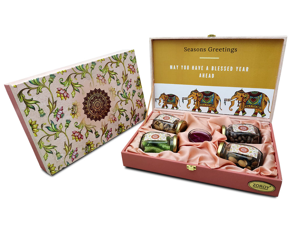 ZOROY Wooden Floral Diwali Box of dry fruits and chocolates