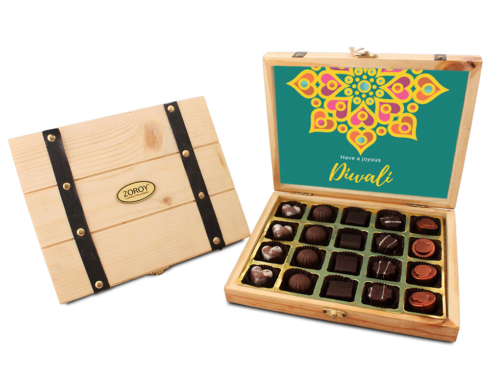 ZOROY Diwali Message Pine wood box with 20 assorted pralines