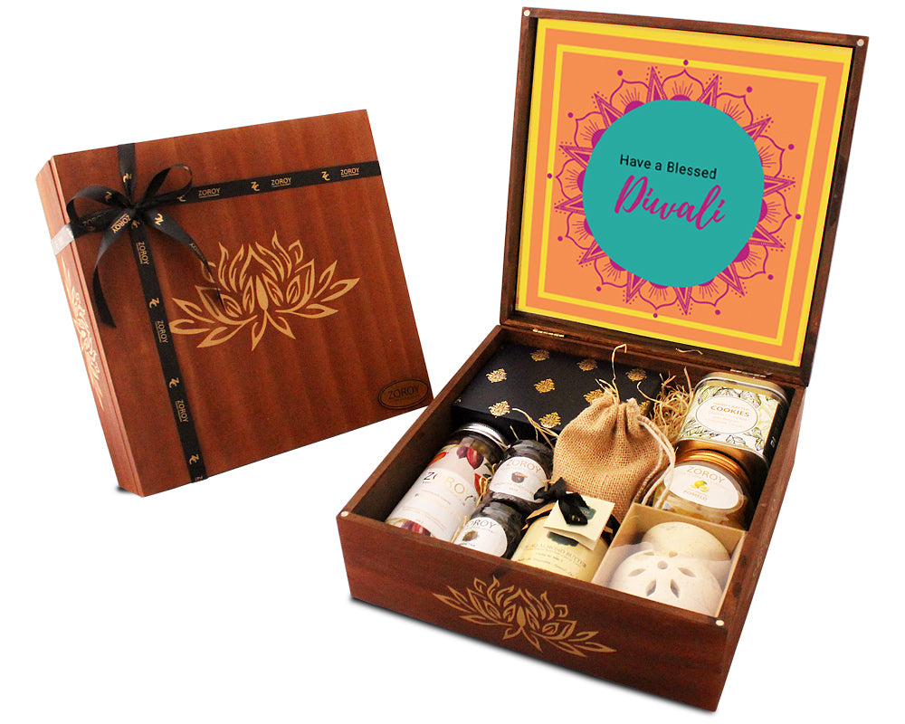 ZOROY Diwali Message Wooden box Hamper of chocolates, dry fruits and assorted goodies