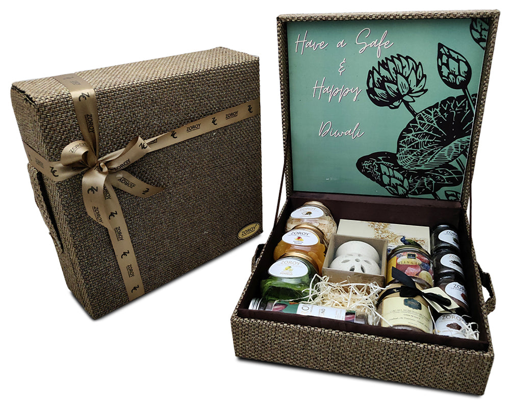 ZOROY Diwali special Jute hamper box filled with chocolates and other goodies