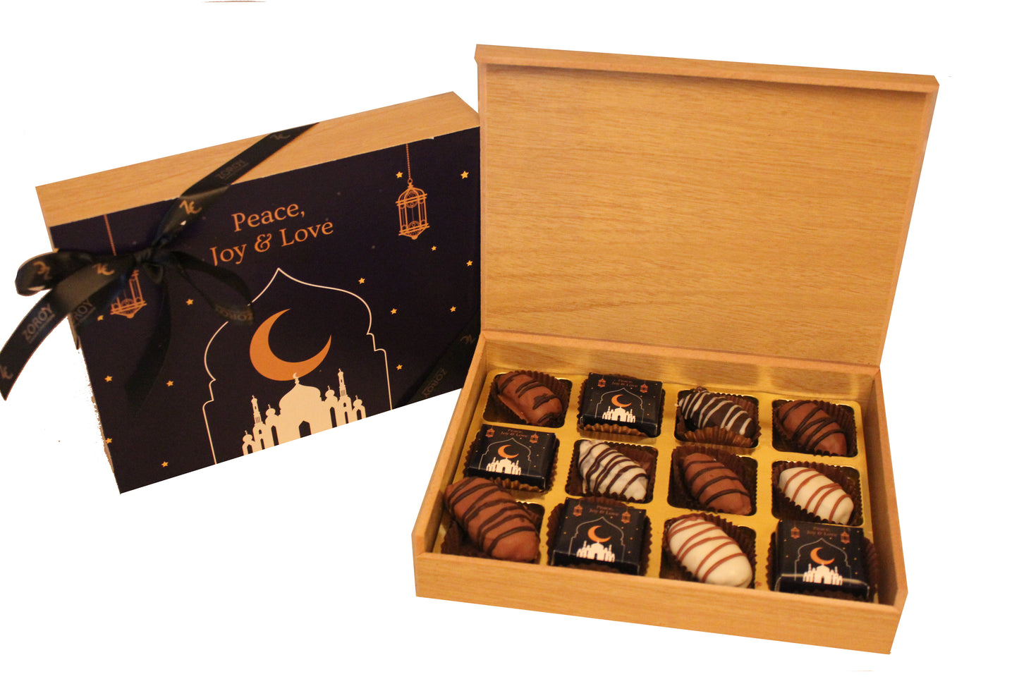 ZOROY Eid Wooden Box of 12 EID MUBARAK Dates & Chocolates - 165 Gms