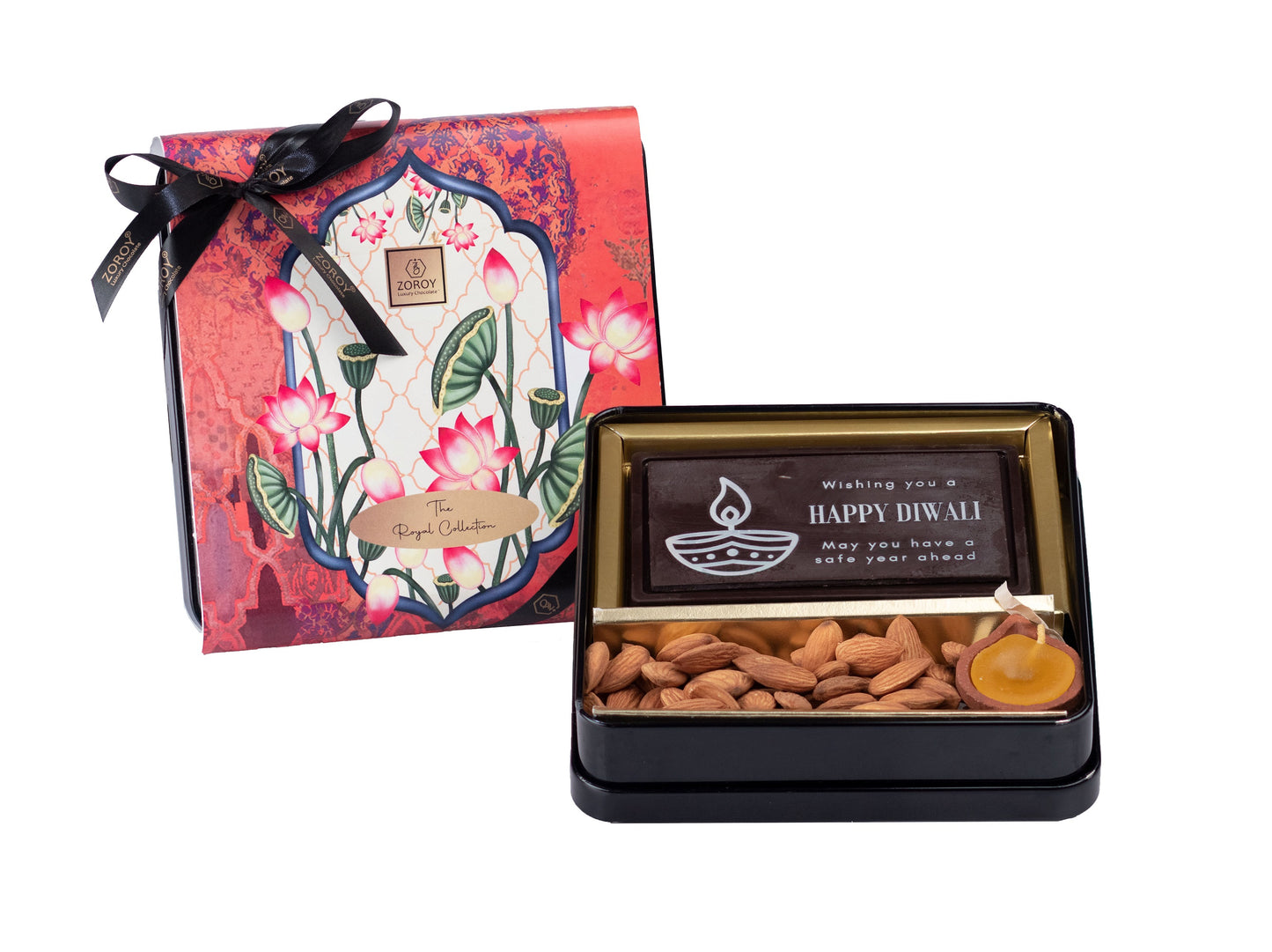 ZOROY Happy Diwali Tin Combo of chocolates, dry fruits and diya