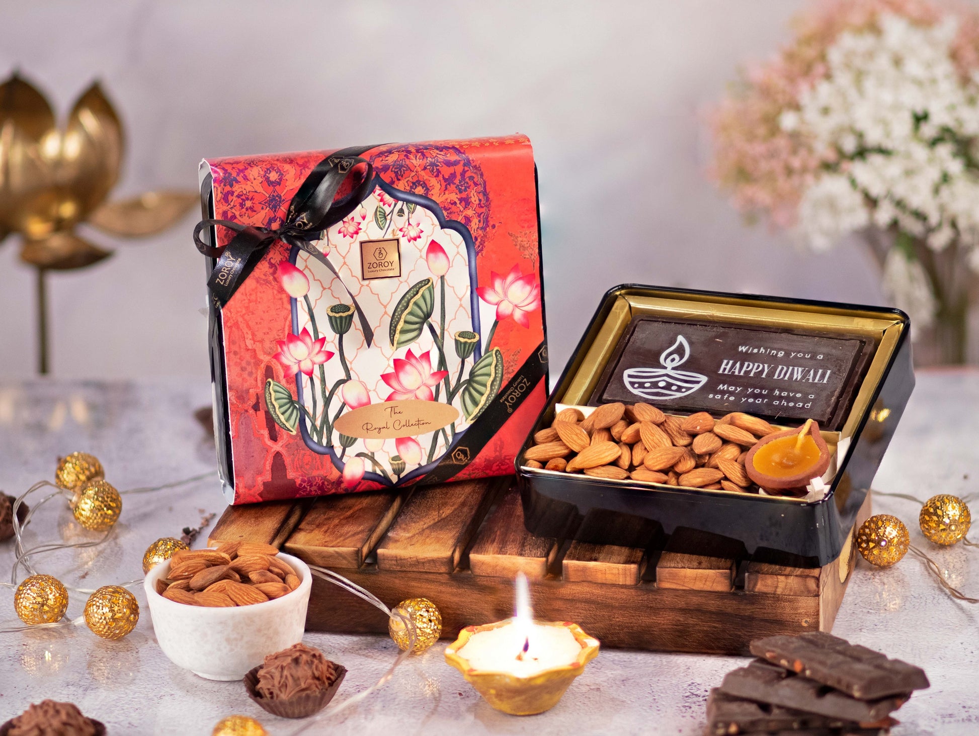 ZOROY Happy Diwali Tin Combo of chocolates, dry fruits and diya