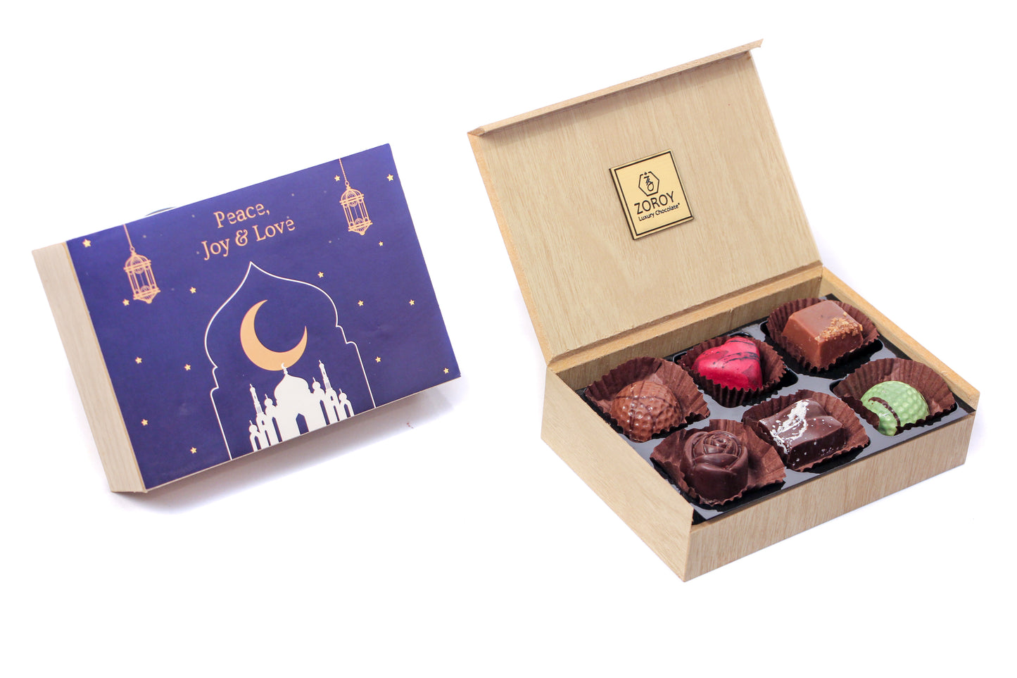 ZOROY LUXURY CHOCOLATE Eid Mubarak Gifts Box | Ramadan gift Wooden Box With 6 Pure Couverture Milk Chocolate |Signature Belgian style