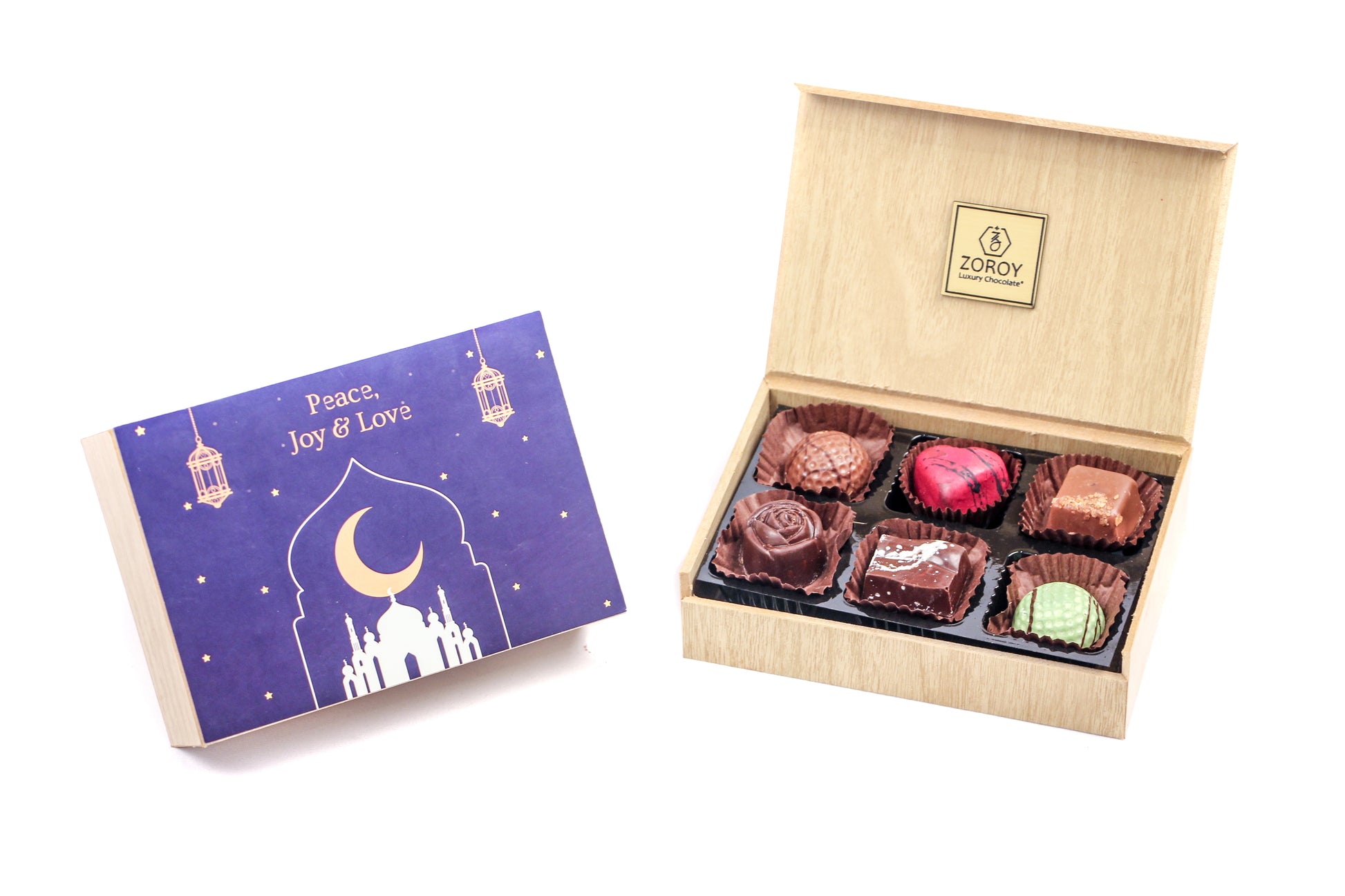ZOROY LUXURY CHOCOLATE Eid Mubarak Gifts Box | Ramadan gift Wooden Box With 6 Pure Couverture Milk Chocolate |Signature Belgian style