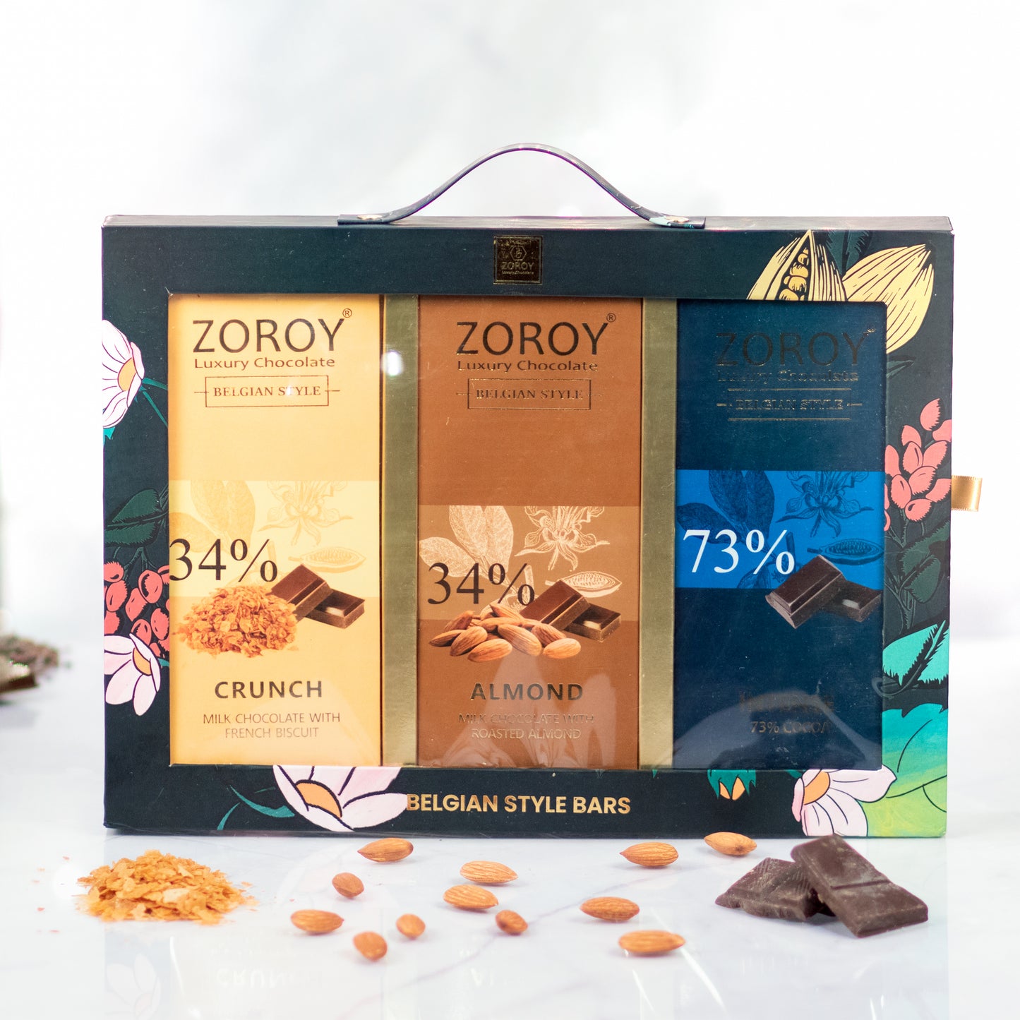 ZOROY LUXURY CHOCOLATE Gift Set Of 3 Belgian Chocolate Bars | Combo of Couverture Dark hazelnut bar, Roasted Almond Milk Bar & 73% Intense Bar | Belgium Chocolate gifts | Pack of 3 X 100G Each