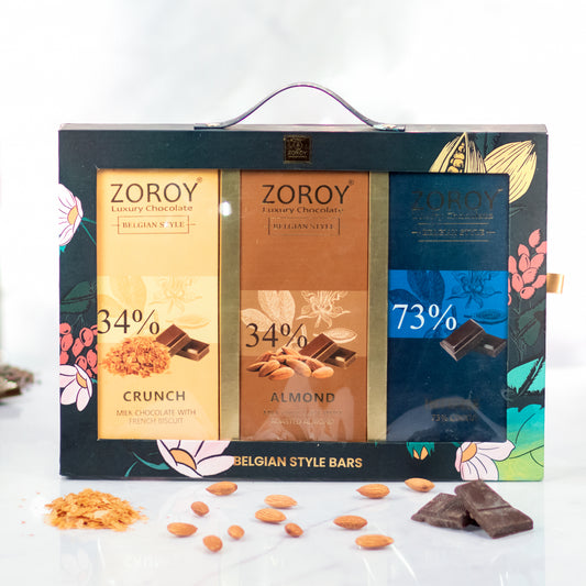 ZOROY LUXURY CHOCOLATE Gift Set Of 3 Belgian Chocolate Bars | Combo of Couverture Dark hazelnut bar, Roasted Almond Milk Bar & 73% Intense Bar | Belgium Chocolate gifts | Pack of 3 X 100G Each