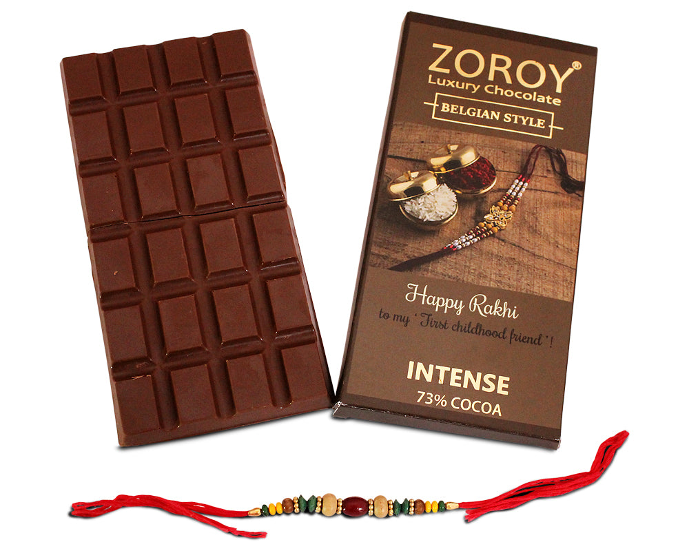 ZOROY LUXURY CHOCOLATE Rakhi Chocolate Gift for Brother | Rakhi Gift for Brother and Bhabhi | Rakhshabandhan gift for sister| Rakhi gift chocolate pack | Pure Couverture 73% Dark chocolate | 100 grams