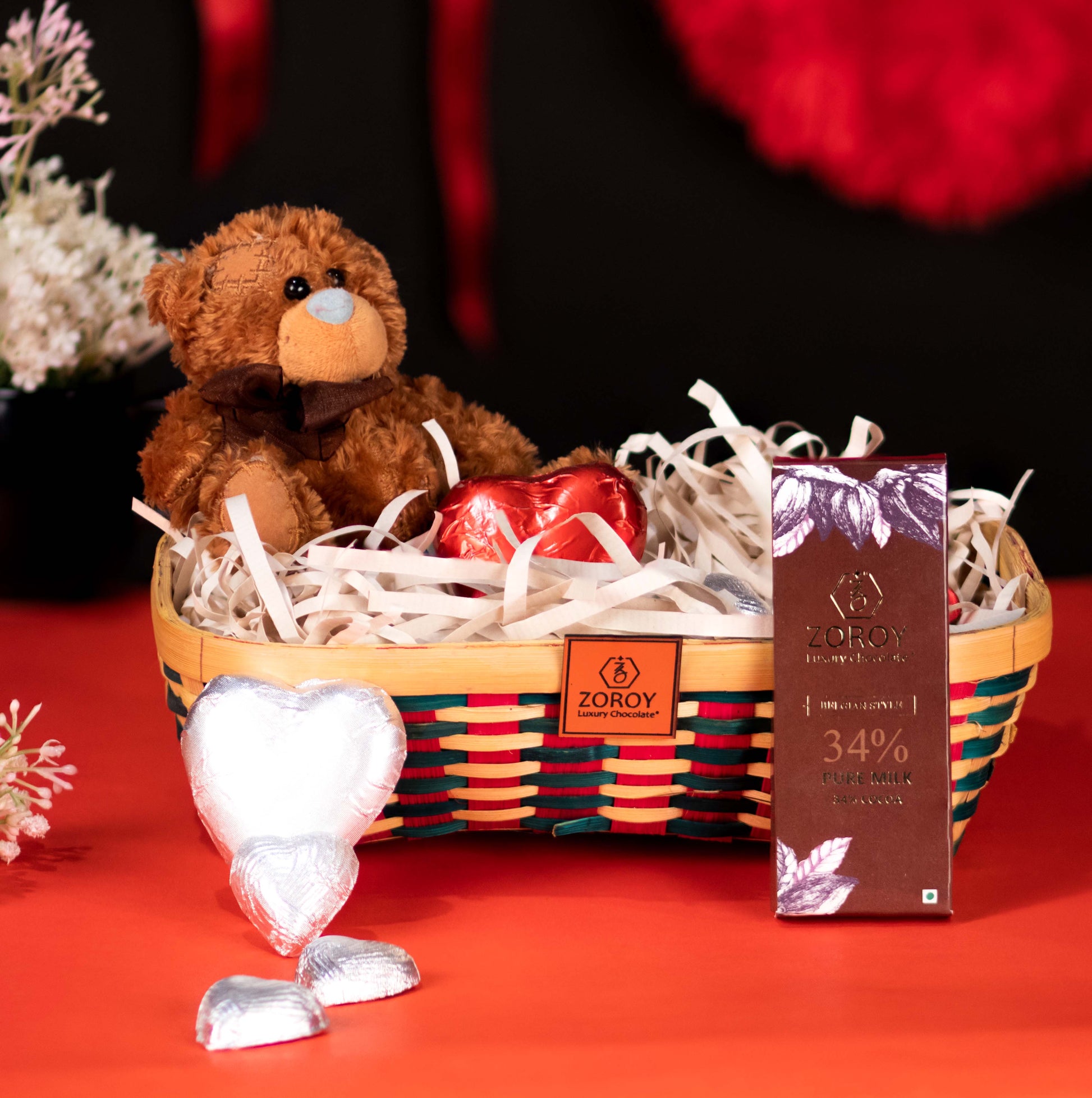 ZOROY LUXURY CHOCOLATE Valentines Chocolate Gift Hamper with Teddy and hearts - 180gms For Girlfriend | Boyfriend Gifts For Wife | Husband | Love Chocolates | Chocolate Hamper For Couples