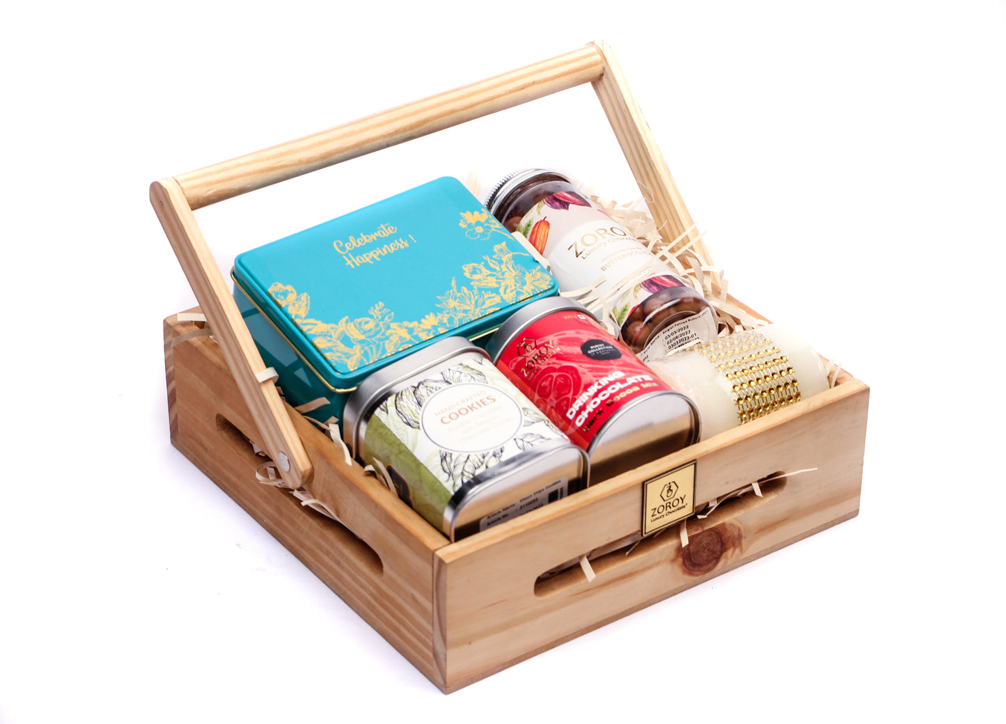 ZOROY LUXURY CHOCOLATE Wooden Hamper Basket Large | Box of chocolate cookies biscuits 16nos | 200G Premium drinking chocolate | 100G Premium Handcrafted cookies | 200G Pure chocolate coated nuts | Studded candle