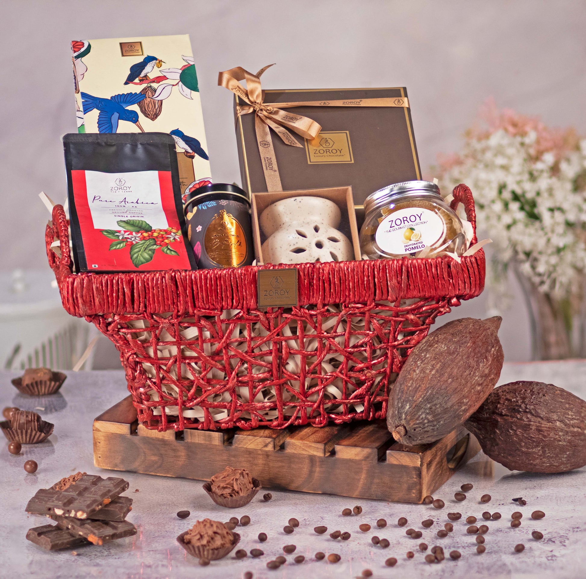 ZOROY Luxury Chocolate Classic Sleigh Gift HamperCombo For Diwali Corporate Birthday Christmas | Belgian style chocolate Dehydrated fruits | chocolate coated nuts Aroma diffuser | Arabica ground coffee