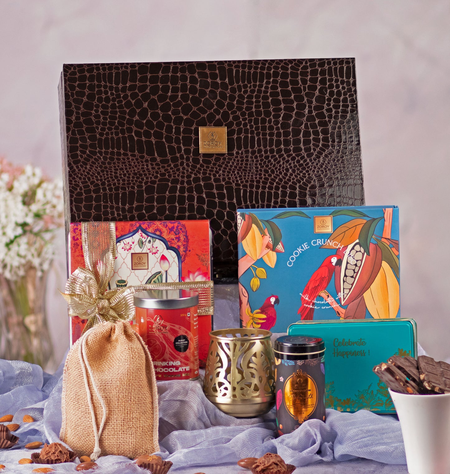 ZOROY Luxury Chocolate Festive Sandook Gift Hamper For Diwali Corporate Birthday Weeding essentials | Belgian style chocolate | Dry fruits | Metal T-lite Holder | Coated nuts | Drinking chocolate