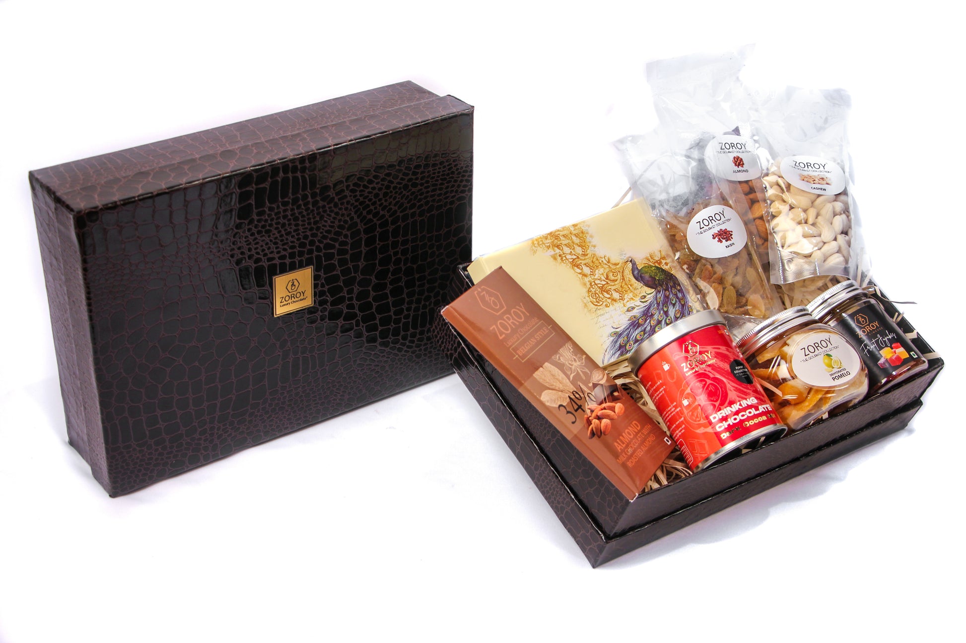 ZOROY Luxury Chocolate Leather dry fruit combo hamper corporate gift box set | Almond rocher Chocolates | Dry fruits | Drinking chocolate | Dehydrated fruits | Fruit Jujubes | 100% Veg
