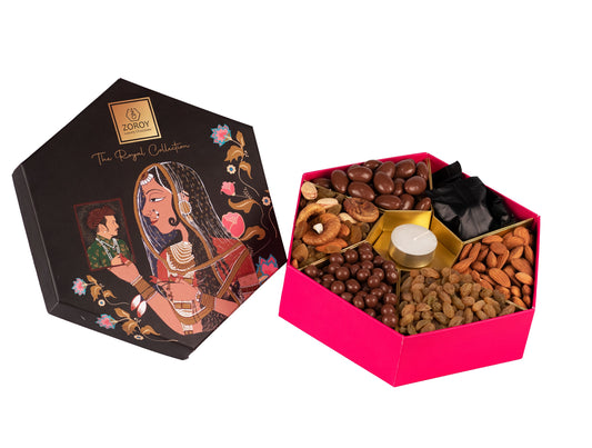 ZOROY Luxury Chocolate Maharani Hexagon Gift Hamper Combo For Diwali Corporate Birthday Weeding Christmas | Dry fruits asortment | Assorted Chooclates Chocolate coated nuts | T-lite candle | 100% Veg