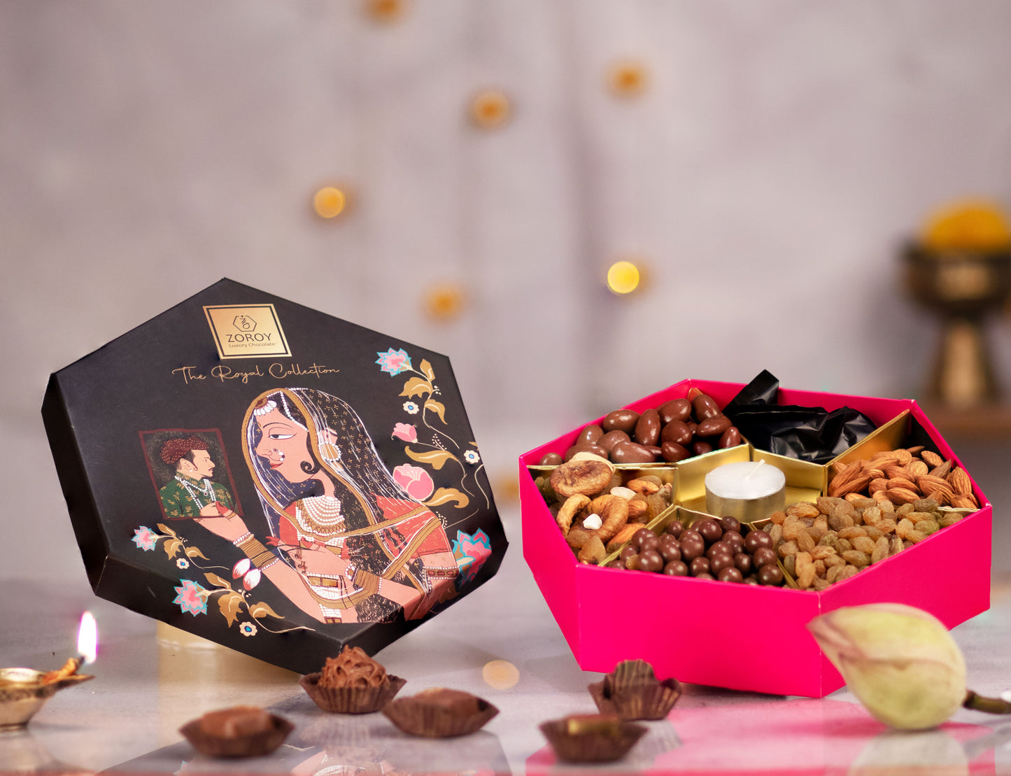 ZOROY Luxury Chocolate Maharani Hexagon Gift Hamper Combo For Diwali Corporate Birthday Weeding Christmas | Dry fruits asortment | Assorted Chooclates Chocolate coated nuts | T-lite candle | 100% Veg