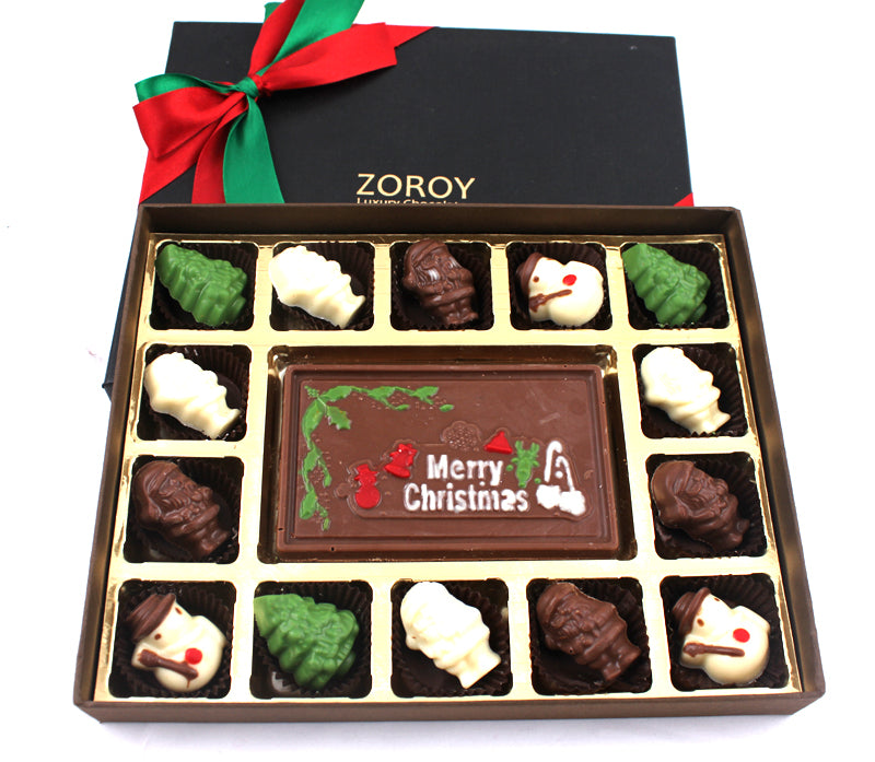 ZOROY Luxury Chocolate Merry Christmas embossed chocolate bar in a smart box along with 14 other assorted chocolates for Corporate Celebration Xmas Family Kids Wedding Online Chocolate Gift Combo