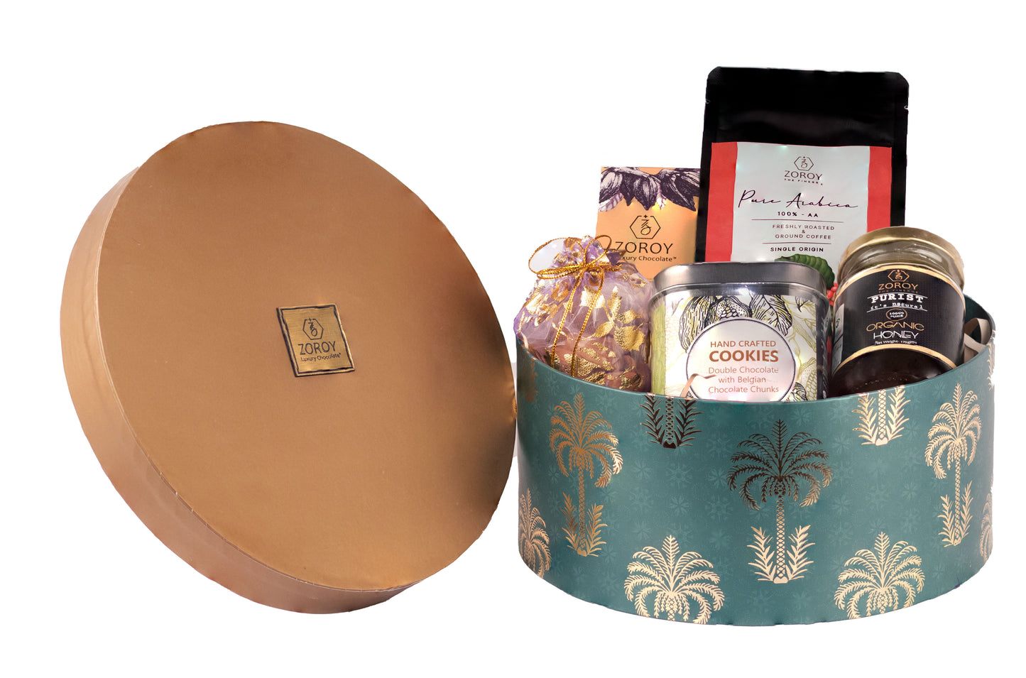 ZOROY Luxury Chocolate Palms Coffee Gift Hamper Hamper For Diwali Corporate Birthday Weeding | Belgian style chocolate | Dry fruits | Ground Arabica AA coffee | Handcrafted cookies | Organic Honey