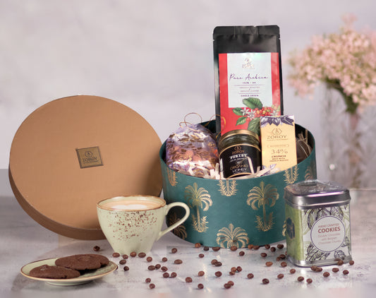 ZOROY Luxury Chocolate Palms Coffee Gift Hamper Hamper For Diwali Corporate Birthday Weeding | Belgian style chocolate | Dry fruits | Ground Arabica AA coffee | Handcrafted cookies | Organic Honey