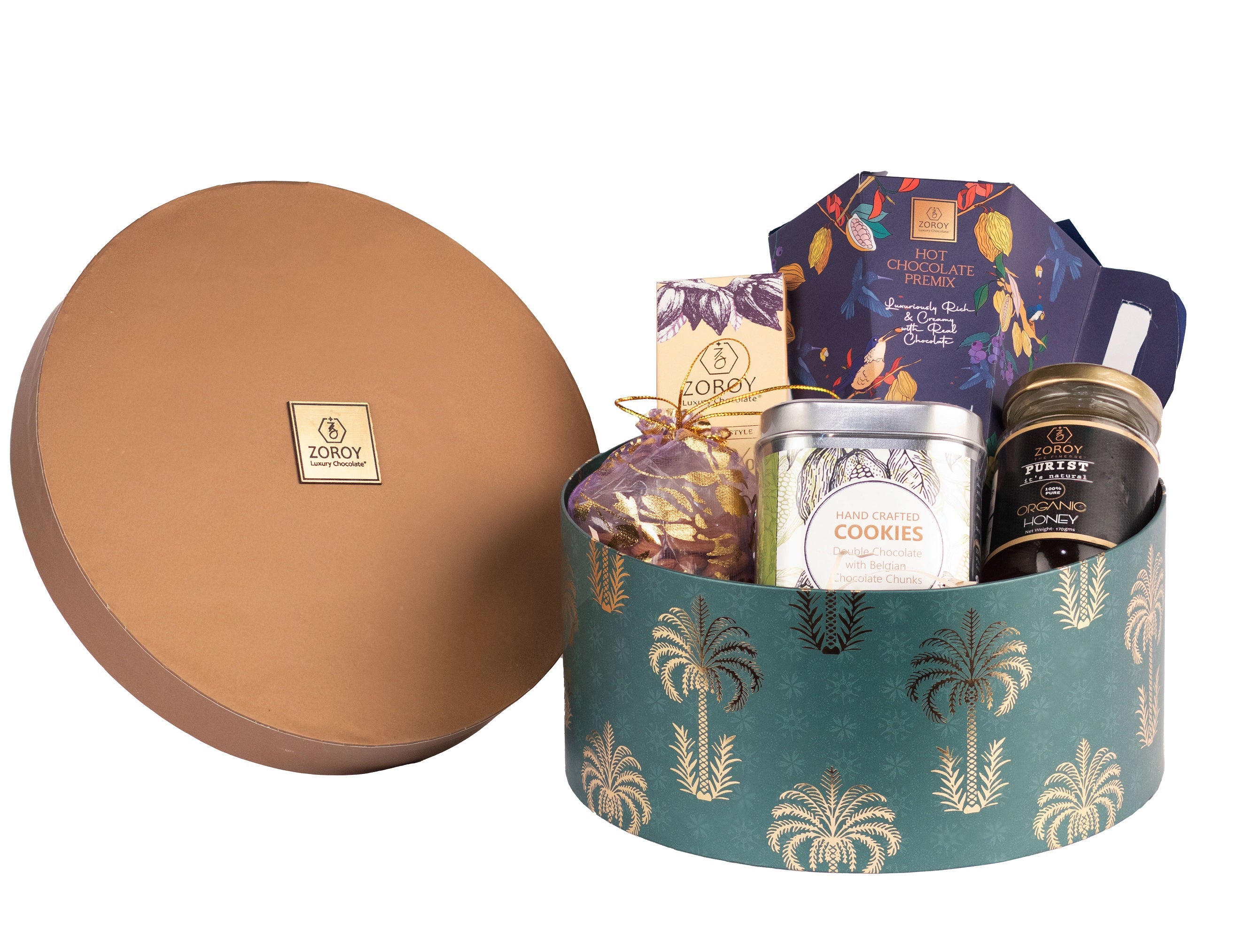 ZOROY Luxury Chocolate Palms Hot Chocolate Gift Hamper For Diwali Corporate Weeding Christmas | Belgian style chocolate | Dry fruits | Signature Hot chocolate Premix | Handcrafted cookies | 100% Veg