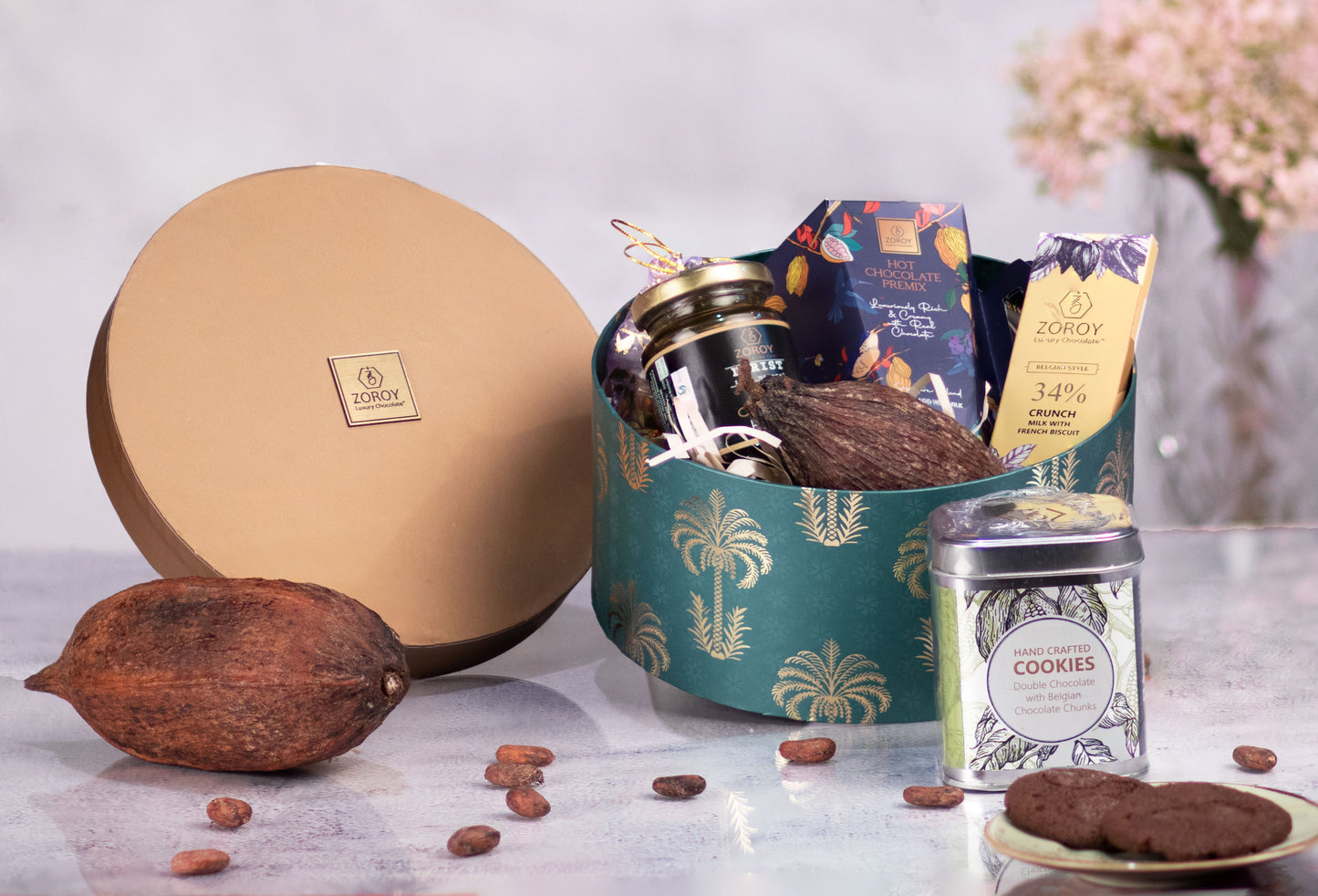 ZOROY Luxury Chocolate Palms Hot Chocolate Gift Hamper For Diwali Corporate Weeding Christmas | Belgian style chocolate | Dry fruits | Signature Hot chocolate Premix | Handcrafted cookies | 100% Veg