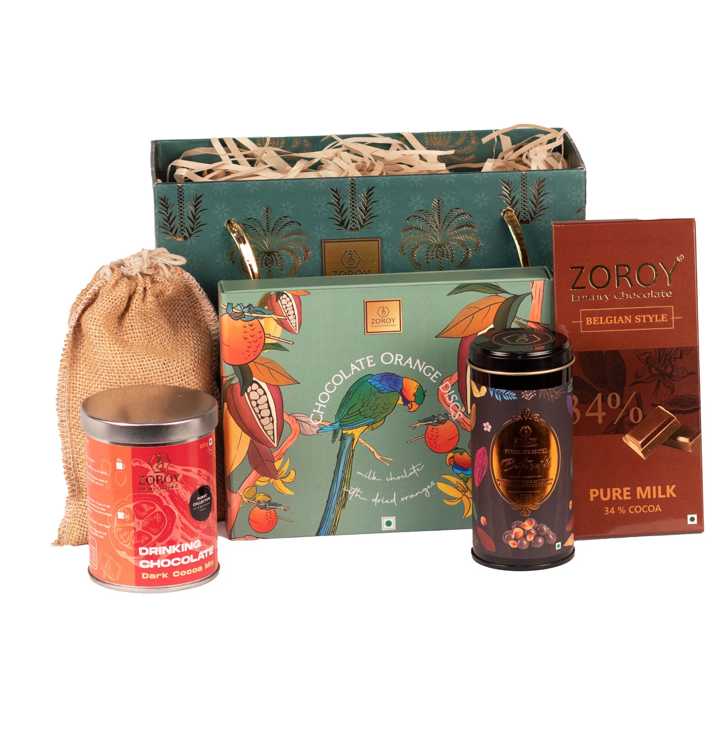 ZOROY Luxury Chocolate Palms basket Small Festive Gift Hamper Combo For Diwali Corporate Birthday Christmas Wedding | Belgian style chocolate | Dry fruits | Drinking Chocolate | 100% Veg