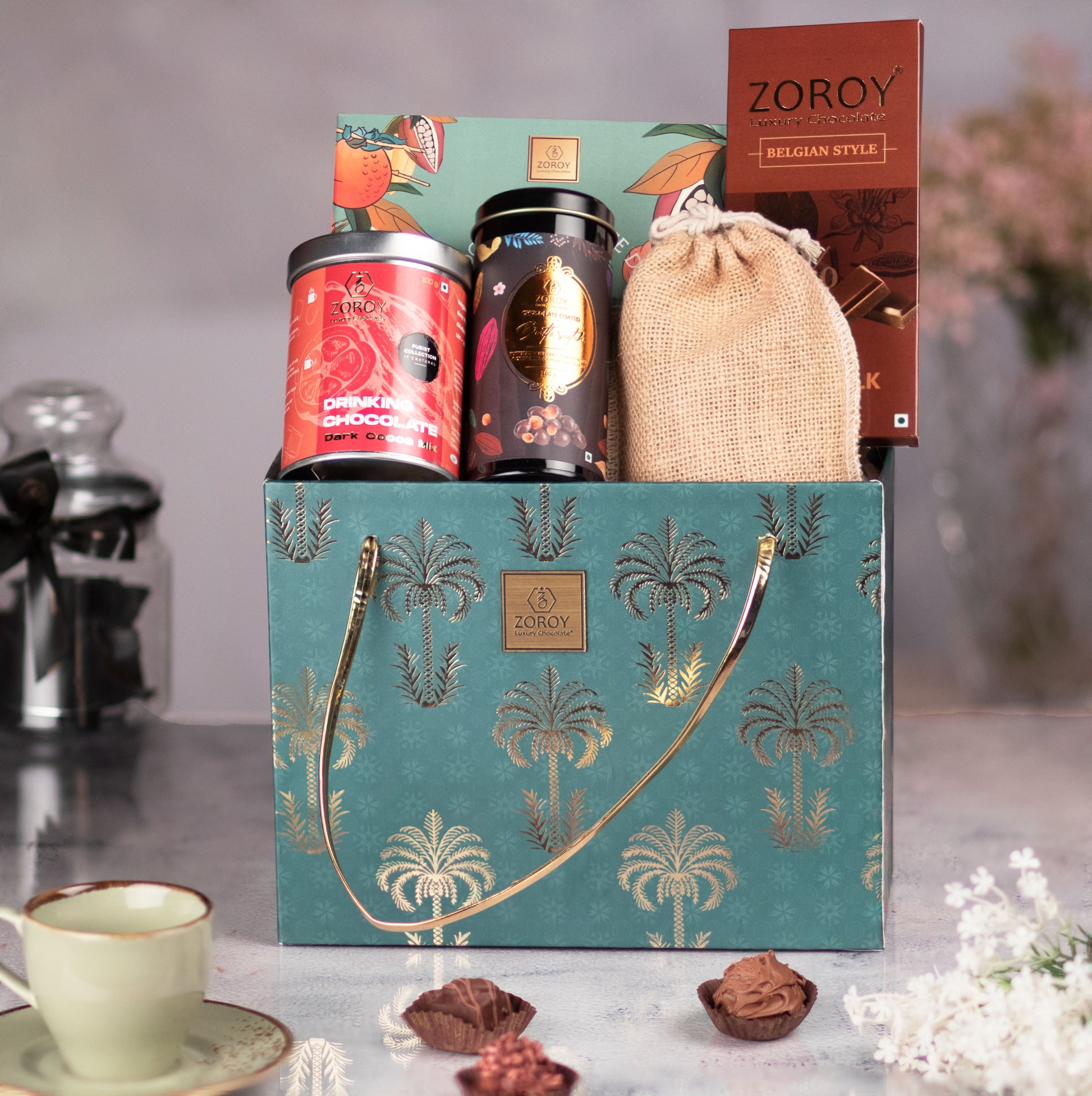 ZOROY Luxury Chocolate Palms basket Small Festive Gift Hamper Combo For Diwali Corporate Birthday Christmas Wedding | Belgian style chocolate | Dry fruits | Drinking Chocolate | 100% Veg