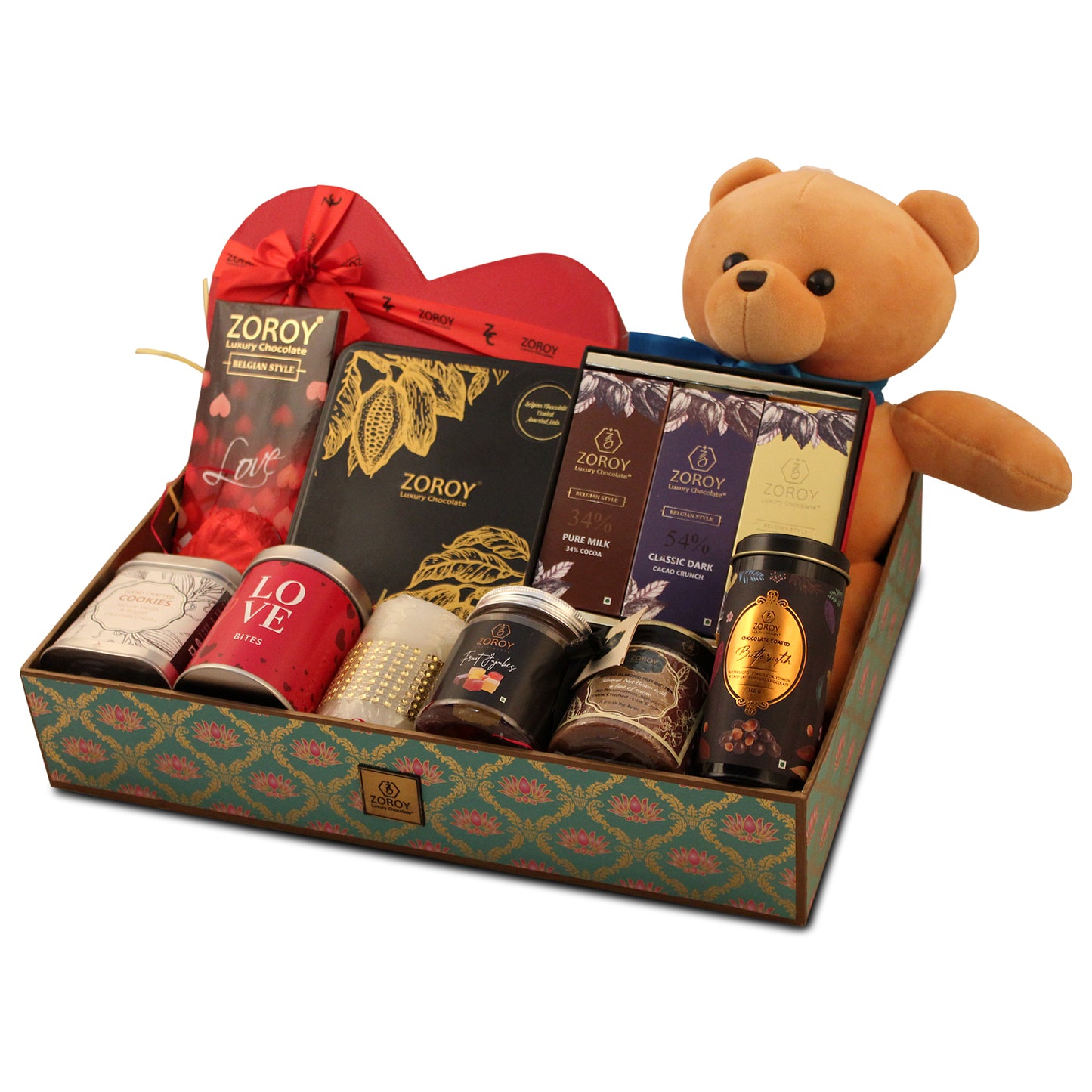ZOROY Luxury Chocolate Precious Love Valentines Hamper Tray | Assorted chocolates | Handcrafted cookies | Assorted fruit jelly | Almond Butter | candle |Belgian style bar| Teddy Bear | 100% Veg