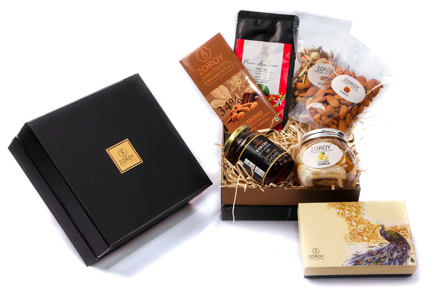 ZOROY Luxury Chocolate Premium Black Hamper| almond rocher box of 6 | Belgian style bar 58G | Dry fruits 200G | Dehydrated fruit 100G | Organic Wild forest Honey 175G | 100% Veg