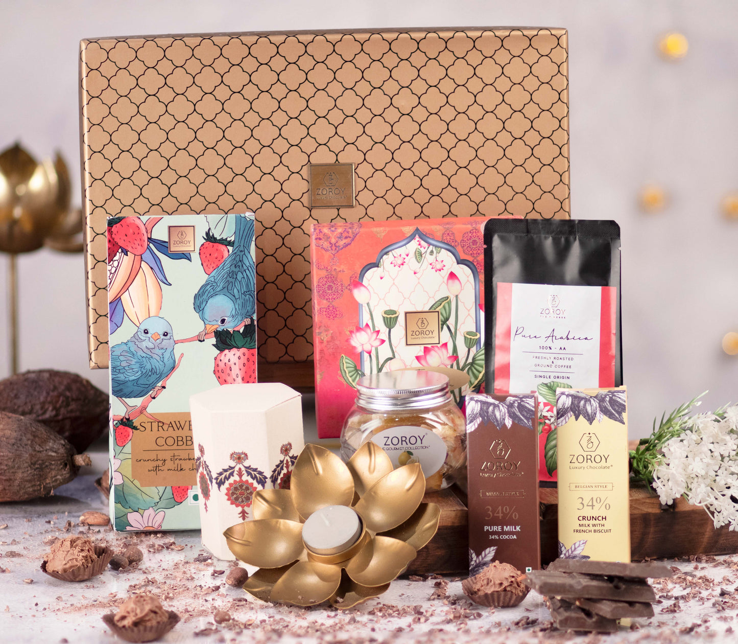 ZOROY Luxury Chocolate Royal Gold Gift hamper Combo For Diwali Corporate Birthday Weeding Christmas | Belgian style chocolate | Dry fruits | Arabica AA Coffee | Lotus T-lite holder |100% Veg