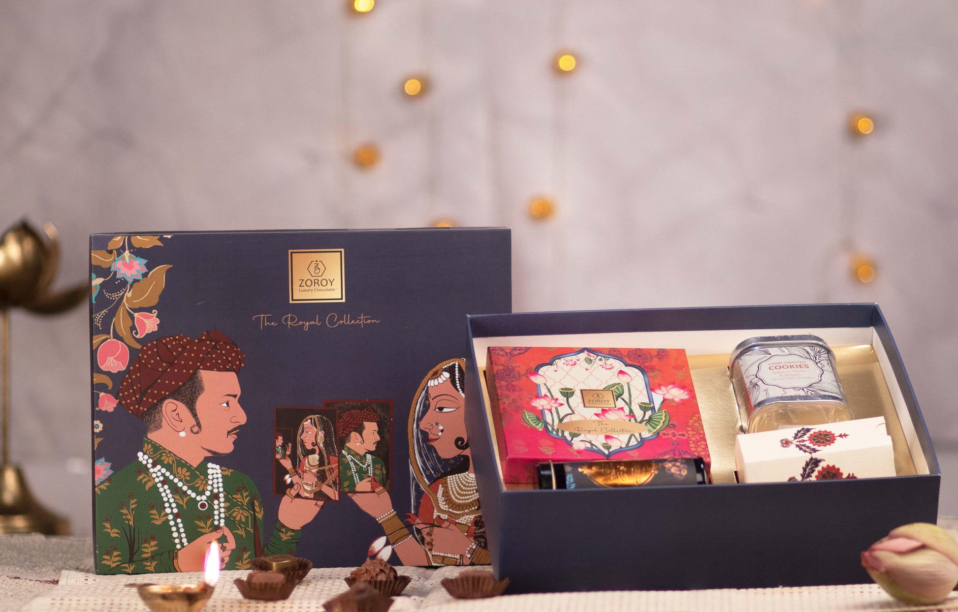 ZOROY Luxury Chocolate Royal Maharaja Maharani Hamper Gift Box For Diwali Corporate Weeding Birthday Christmas | Belgian style chocolate | Handcrafted cookies | Dry fruits | Chocolate coated nuts