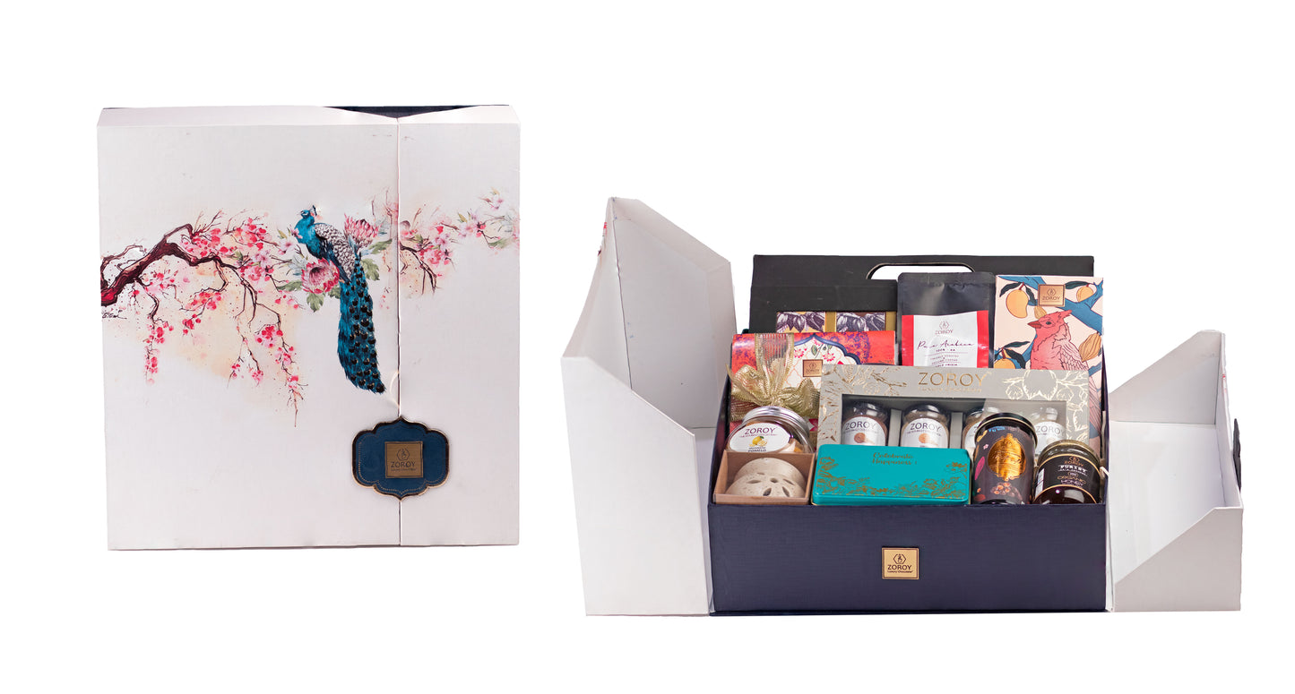 ZOROY Luxury Chocolate Royal Peacock Gift Hamper For Diwali Corporate Belgian style chocolates Handcrafted cookies Drinkingchocolate Chocolate coated biscuits Chocolate coated nuts Aroma diffuser