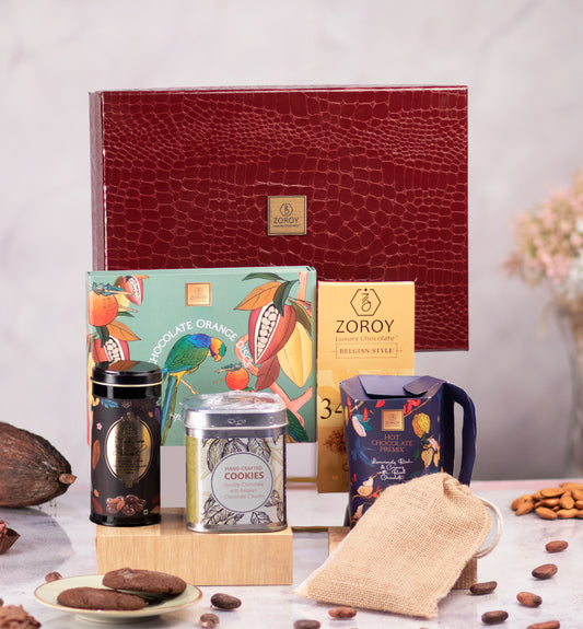 ZOROY Luxury Chocolate The Classic Favourite Hamper |Belgian style chocolate | Drinking chocolate | Cookies | Chocolate coated nuts | 100% Veg